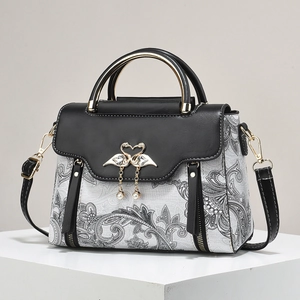 Vintage Paisley Print Handbag PU Leather Top Handle Crossbody Bag With Swan Buckle Artificial Pearl Tassel Contrast Stitching