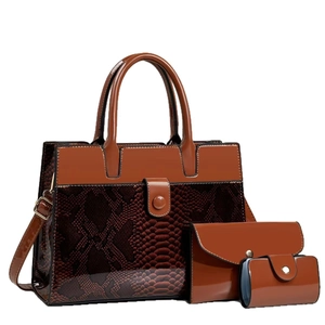 Détails de l'ensemble de trois sacs à main marron avec motif serpent et porte-monnaie