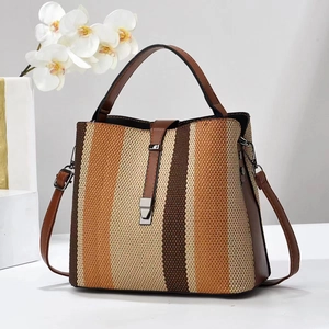 Stripe Bucket Handbag Women Canvas PU Leather Stitched Contrast Color Large Capacity Shoulder Bag Metal Buckle