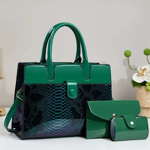 Ensemble de sacs à main trois pièces vert foncé avec texture serpent et cuir verni