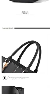 Detalle del asa cómoda y la base del bolso de mano negro de cuero sintético PU fino