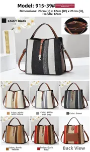 Detail view of woven bucket bag featuring brown leather handles and multi-color options