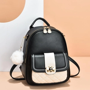 Fashion Women PU Leather Backpack Contrast Color Quilted Bee Decor With Plush Ball Pendant Large Capacity Travel School Bag