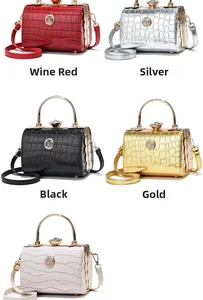 Detailed display of crocodile texture handbags with metal handles in five elegant colors