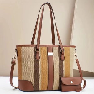 Striped Tote Bag And Pouch Contrast Color Canvas PU Leather Large Capacity Shoulder Crossbody Handbag Women