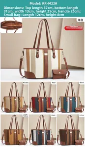 Detail view of striped canvas tote bag set with size chart and 7 color variations