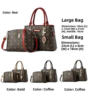 Detailed size guide of printed tote and crossbody bag set in three classic colors