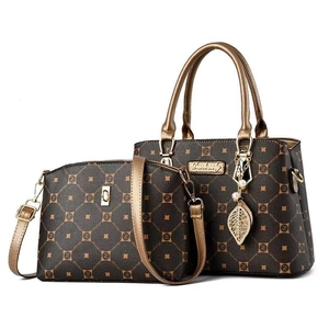 Women Handbag And Crossbody Purse PU Leather Vintage Monogram Print Large Capacity Elegant Boston Style With Leaf Artificial Pearl Charm