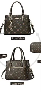 Detailed views of printed large tote bag featuring geometric patterns and metal leaf charm