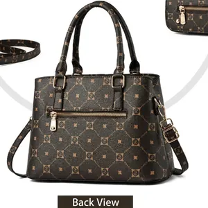 Brown floral tote bag with geometric print featuring dual handles and back zip pocket