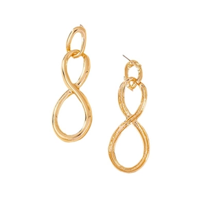 Minimalist gold infinity number 8 drop earrings featuring a double interlocking loop design