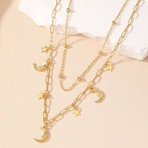 Collier Superposé Avec Pendentif Étoile Et Lune Alliage Or Chaîne Trombone Perle Clavicule Réglable Pour Femmes