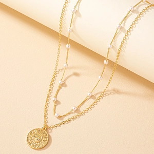 Collana Doppio Strato Lega Künstliche Perle Sintetiche Sole Medaglione Pendente Oro Retrò Bohémien Gioielli Donna