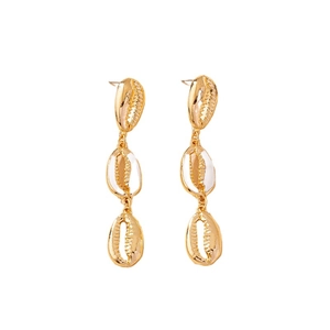 Fashionable gold triple cowrie shell drop earrings with metallic finish for women