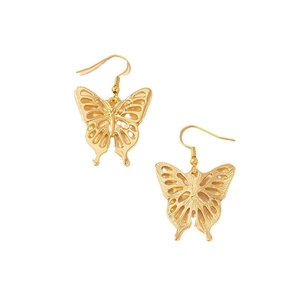 Elegant gold hollow butterfly earrings with detailed wing texture on a white background