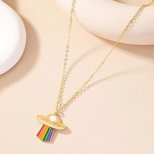 Legierung UFO Anhänger Halskette Mit Regenbogen Emaille Strahl Tropf Öl Raumschiff Schlüsselbein Kette Für Damen