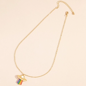 Goldene UFO-Halskette mit regenbogenfarbenem Emaille-Anhänger und verstellbarer Kette