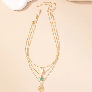 Three-layer gold starfish and shell pendant necklace with ocean theme design