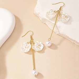 Boucles D Oreilles Pendantes En Künstliche Perles Pour Femmes Alliage Coquille Pétale Longue Frange Goutte Doré Chic Mode Bijoux