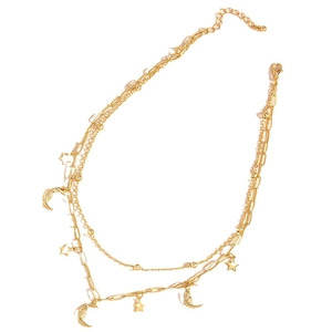 Collier double couche doré avec pendentifs lune et étoile et chaîne à maillons fins