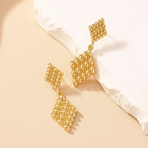 Elegant geometric gold rhombus drop earrings with a textured woven pattern and vintage style