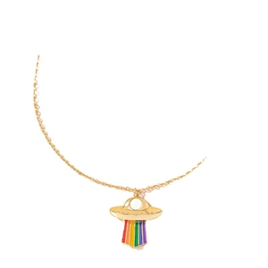 Goldene UFO-Halskette mit Anhänger und bunten Regenbogen-Emaille-Lichtstrahlen