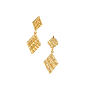 Golden geometric rhombus drop earrings with vintage hammered texture on white background