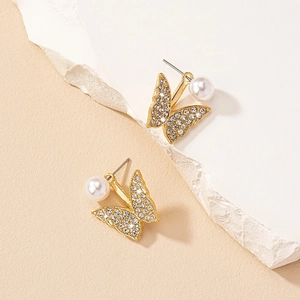 Boucles D'oreilles Künstliche Perles Papillon Élégantes Alliage Doré Strass Bijoux Pendante Pour Femmes Style Vintage