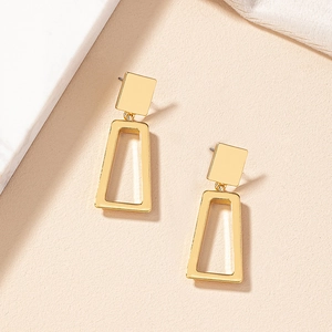 Polished gold geometric earrings with solid square stud and hollow trapezoid dangle design