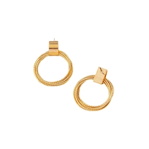 Elegant geometric gold circle earrings with layered metal wire design on white background