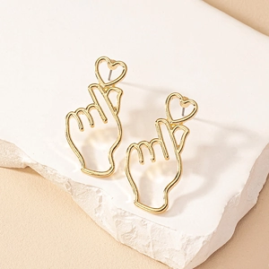 Finger Heart Gesture Stud Earrings Alloy Gold Tone Hollow Heart Shape Minimalist Korean Style Fashion Jewelry For Women