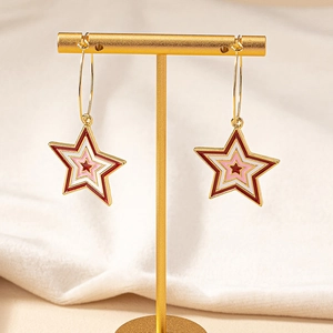 Chic multi-layered star drop earrings in red and pink enamel with gold-plated finish