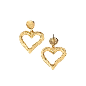 Chic gold heart drop earrings featuring a hammered texture and vintage openwork design