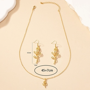 Detailed dimensions of gold rose necklace and earring set with 45+7cm chain length