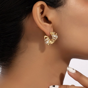 Elegant gold-tone geometric C-shape hoop earrings with sparkling rhinestones for women