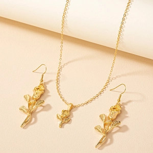 Rose Flower Jewelry Alloy Gold Plated Necklace Hook Earrings Fashion Elegant For Women