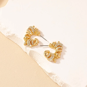 Geometrical C-Shape Stud Earrings Alloy White Rhinestone Twisted Texture Gold Plated Fashion Jewelry For Women
