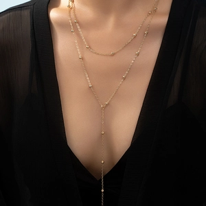 Elegant Layered Y Necklace For Women Gold Color Metal Beads Delicate Chain Minimalist Chic Jewelry