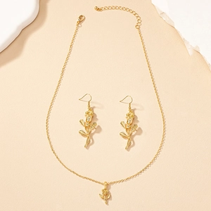 Elegant gold rose pendant necklace and earrings jewelry set for women with floral relief