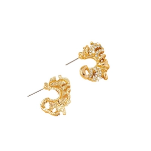 Golden chunky geometric C-shaped earrings with sparkling white crystals for women