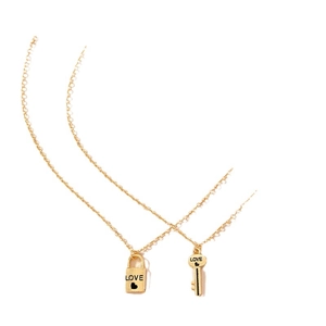 Ensemble collier vintage français clé et cadenas cœur doré avec gravure LOVE pour couple