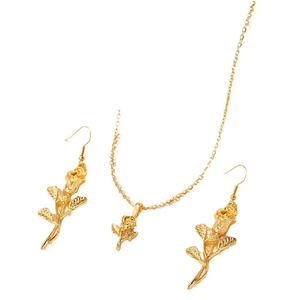 Golden rose jewelry set with textured petals necklace and hook earrings for women