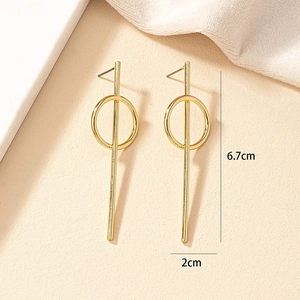 Detail view of gold geometric drop earrings showing 6.7cm length and 2cm width dimensions