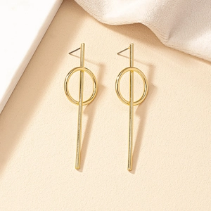 Minimalist gold geometric hoop earrings with long vertical bar and circular drop design