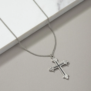 Gothic silver cross pendant necklace with black enamel inlay and steel curb chain