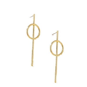 Minimalist gold geometric drop earrings with long metal bar and round circle pendant