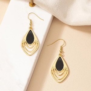 French vintage style water drop earrings in gold metal with black enamel finish