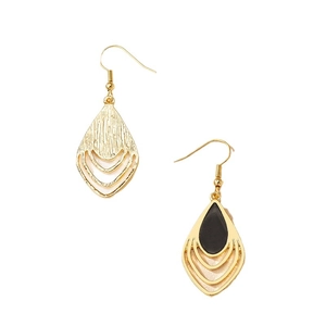 French retro geometric teardrop earrings with gold finish and black enamel inlay