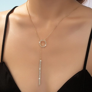 Élégant Collier Lariat En Forme De Y Alliage Plaqué Or Strass Cercle Et Pendentif Barre Verticale Pour Femmes Bijoux