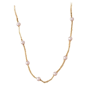Elegant gold chain necklace with freshwater pearls spaced evenly on a white background